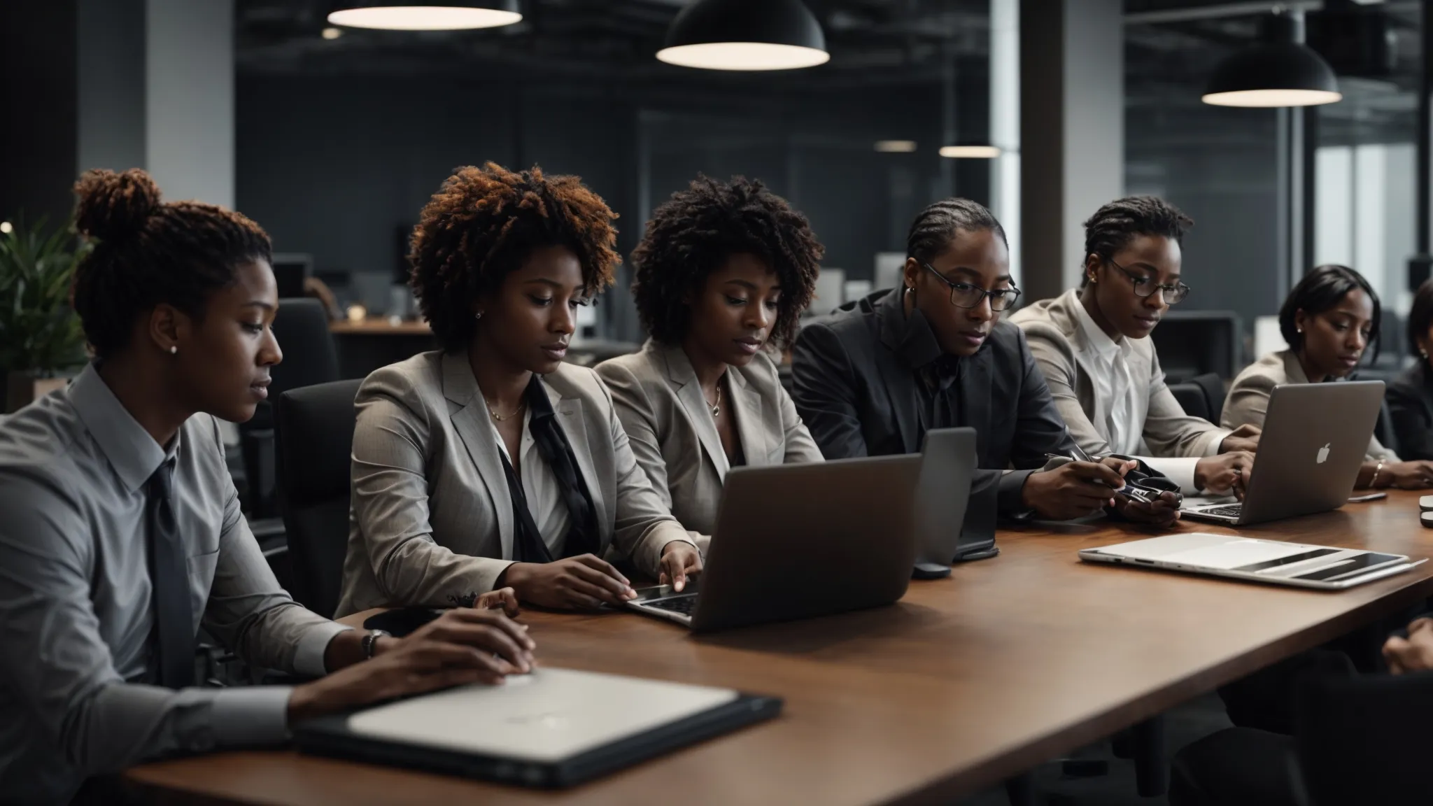 a diverse group of professionals collaboratively working around a large table, equipped with laptops and digital tablets, in a modern office setting.