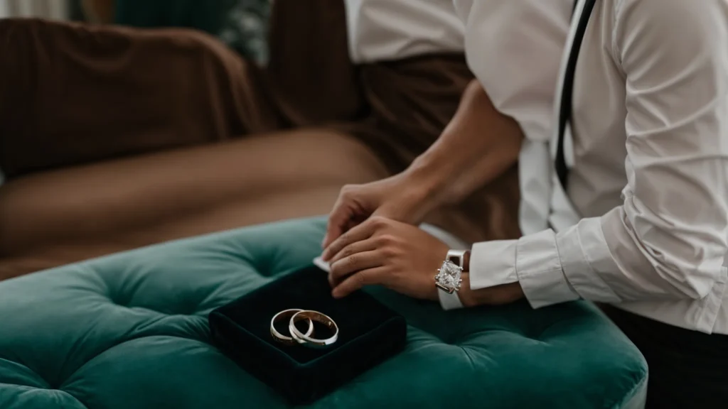 a groom gently places a sleek wedding band onto a velvet cushion amidst wedding preparations.