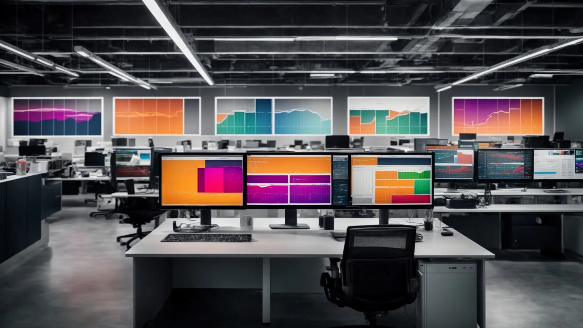 a modern, open-plan office filled with computer screens displaying colorful graphs and marketing analytics.