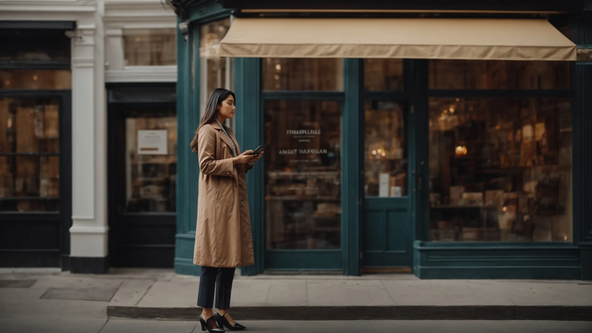 a small business owner stands proudly outside their boutique, gazing at a bright, digital map on a smartphone.