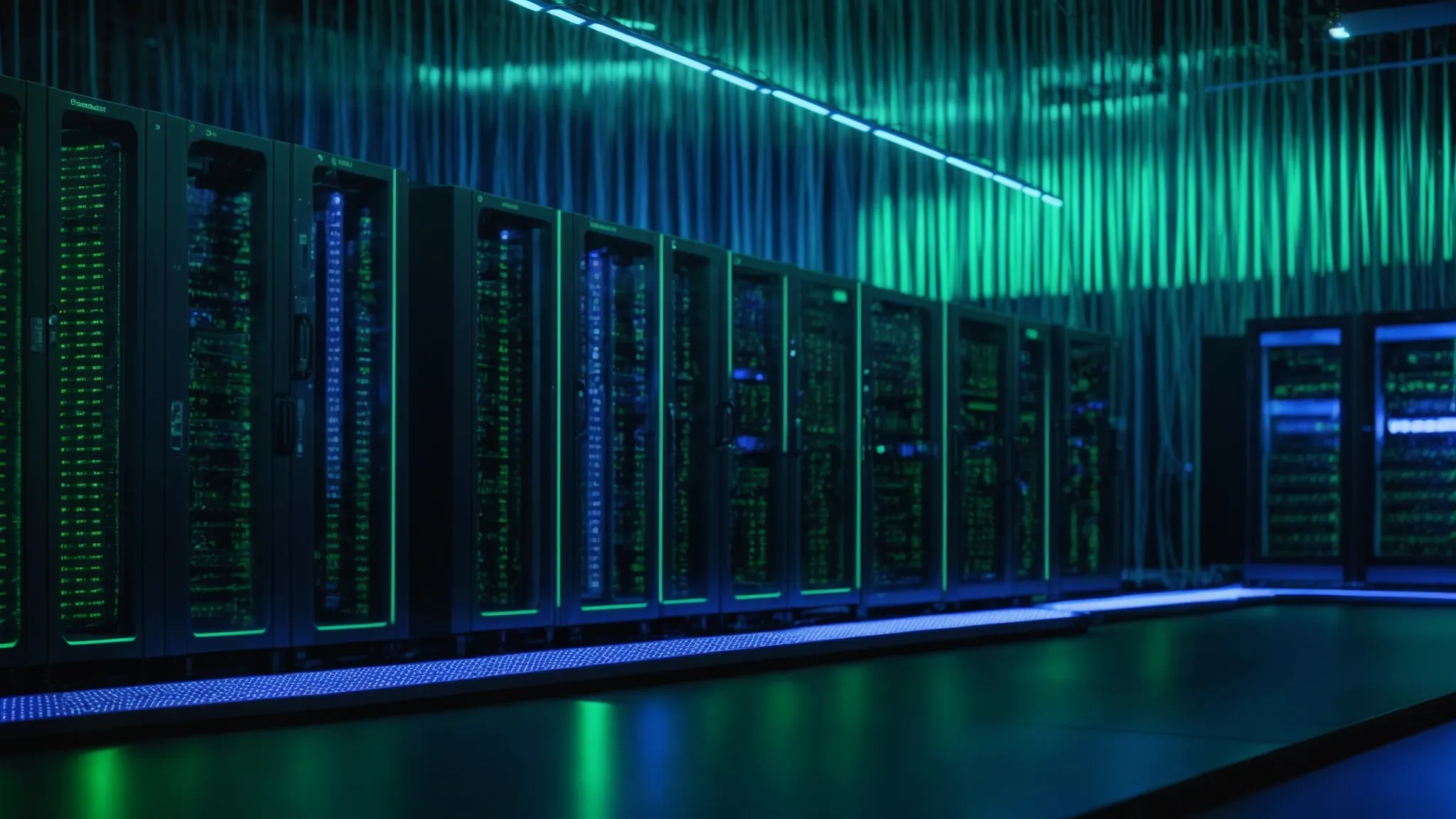 servers and cables neatly arranged in a data center, illuminating with blue and green lights.