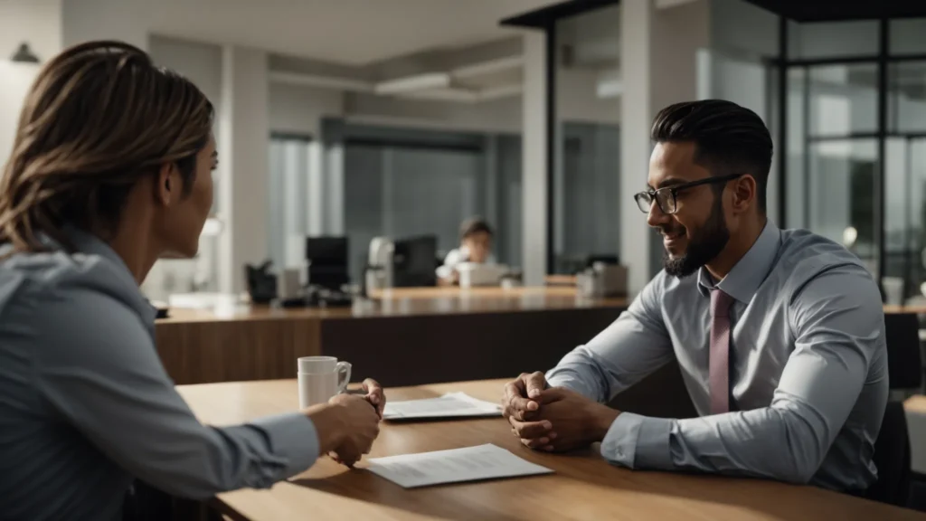 a salesperson shakes hands with a client across a table, sealing a personalized deal with a tailored solution for the client's business.